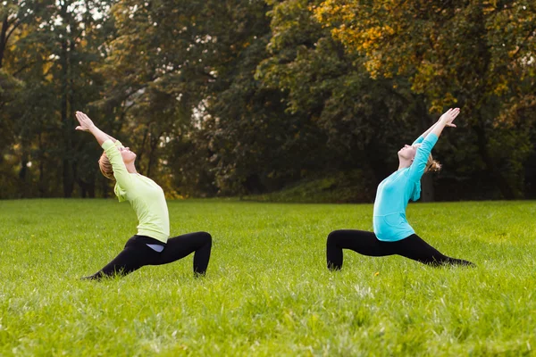Amis pratiquant le yoga dans le parc — Photo