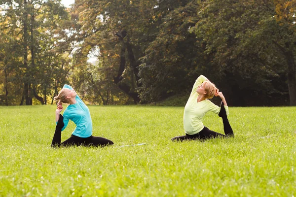 Vänner utövar yoga i park — Stockfoto