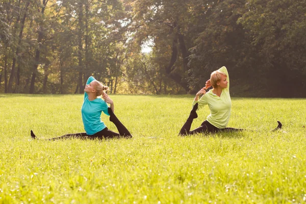 Vänner utövar yoga i park — Stockfoto