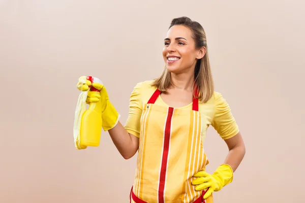 Jovem dona de casa segurando detergentes — Fotografia de Stock