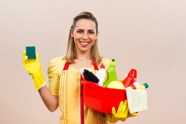 Jovem dona de casa com equipamento de limpeza — Fotografia de Stock
