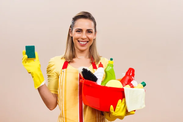 Junge Hausfrau mit Putzutensilien — Stockfoto