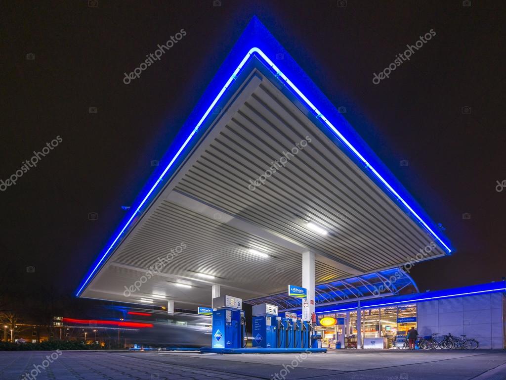 HANNOVER, GERMANY -JANUARY  23, 2015: Aral gas station at night in Hannover, Germany