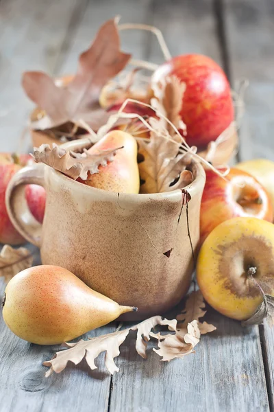 Peras y manzanas con hojas de otoño —  Fotos de Stock