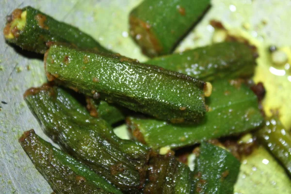 Okra Ladies Finger Abelmoschus Esculentus Fried Dish Plate Kitchen Room — Stock Photo, Image