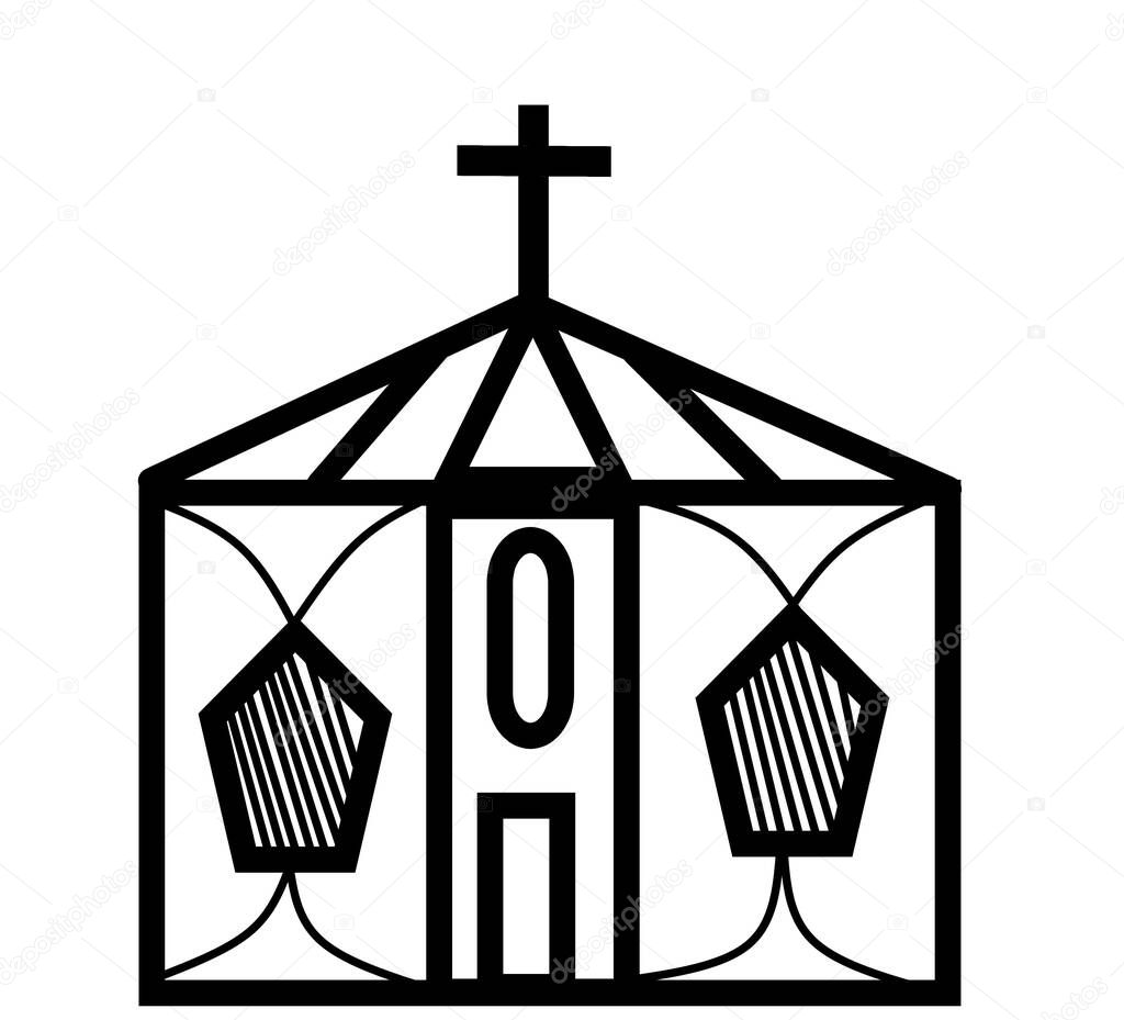 place of worship, christian church house with top christian cross symbol and white background.