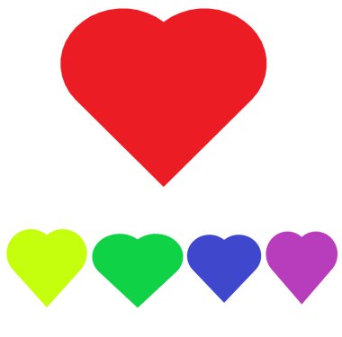 kırmızı renk büyük kalp dört rengin altında küçük kalp beyaz arka plan.