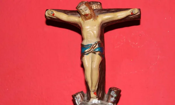 Statue Jésus Christ Avec Fond Rouge Jésus Aussi Appelé Jésus — Photo