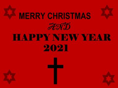 Mutlu Noeller ve mutlu yıllar 2021. Hristiyan haç sembolü ve Noel arkaplanı..