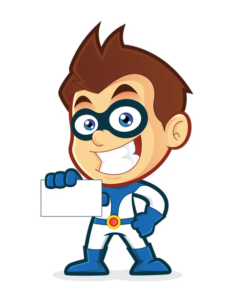 Superhero holding a blank business card — Stock Vector