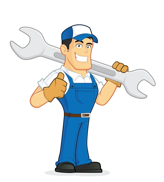 Mechanic or plumber holding a huge wrench — Stock Vector