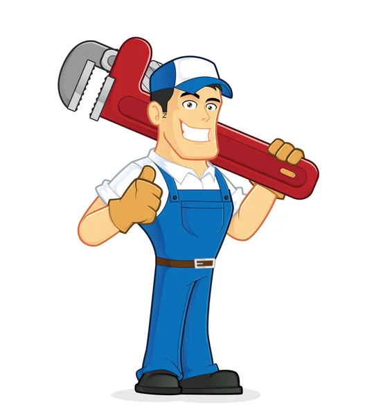 Plumber holding a huge pipe wrench — Stock Vector