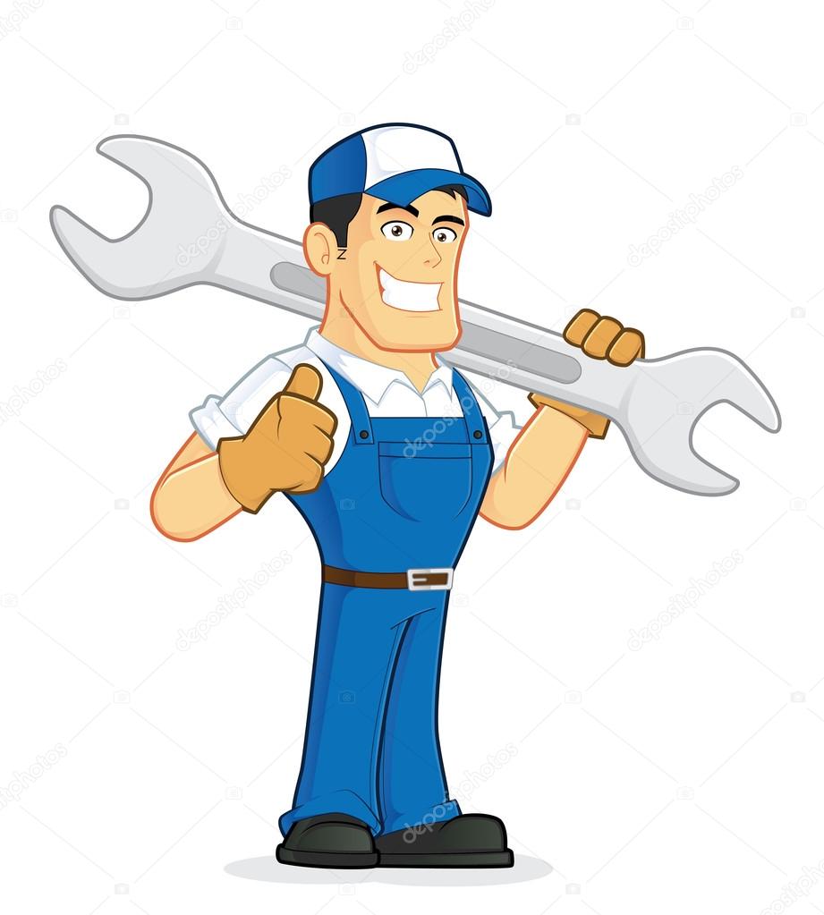 Mechanic or plumber holding a huge wrench