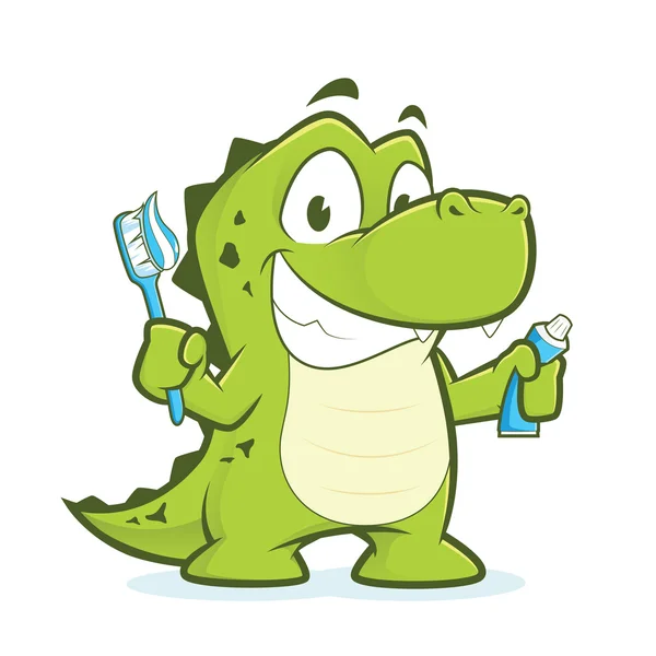 Crocodilo ou jacaré segurando escova de dentes e pasta de dentes —  Vetores de Stock
