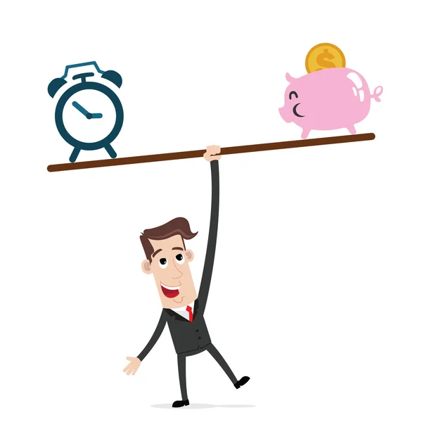 Businessman balance a seesaw with clock and piggy bank — Stock Vector