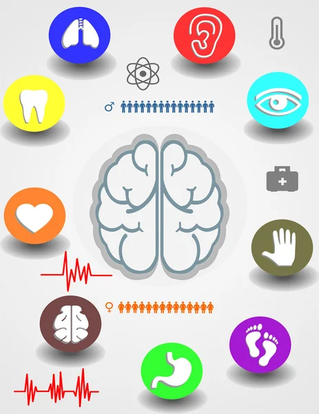 La silueta del cerebro en el centro y los cuerpos alrededor — Vector de stock