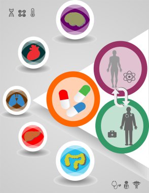 bir adam ve organların küçük siluetleri ile iki büyük daire 