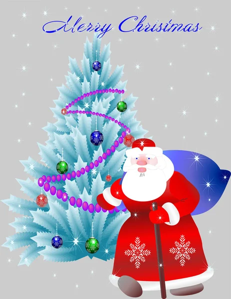 Christmas blue Christmas tree and Santa Claus with bag — Stock Vector