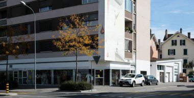 Sonbaharda binaları ve ağaçları olan şehir caddesi