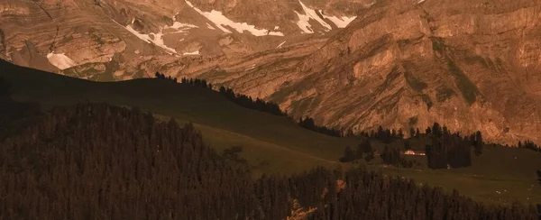 Paysage Alpin Avec Crête Forestière Coucher Soleil — Photo