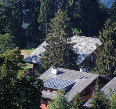 Alplerdeki çatı ve ağaçlar