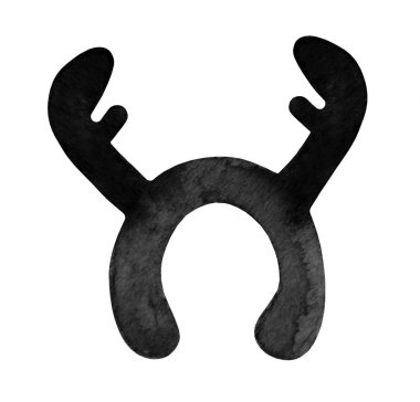 Geyik boynuzlarıyla saç bandı süsleme. Tek elle çizilmiş yeni yıl ve sevgili Xmas. Tebrik kartları, posterler, çıkartmalar ve mevsimlik tasarım için suluboya çizimi. Beyaz üzerine tek renk.