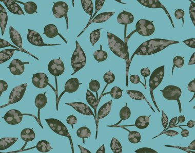 Karla kaplı dutlarla kusursuz desen. El yapımı suluboya böğürtlen ve turkuazda yapraklar. Tebrik kartı, kartpostal, poster, logo, tekstil, kumaş, ambalaj, ambalaj kağıdı için mükemmel..