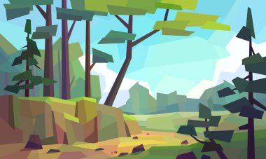 Düşük polimerli patika manzarası. Orman, çayırlık, bulutlar, gündüz. Vektör illüstrasyonu