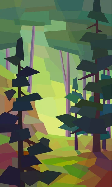 Paisaje Forestal Bajo Poli Abeto Árboles Luz Solar Ilustración Vectorial — Vector de stock