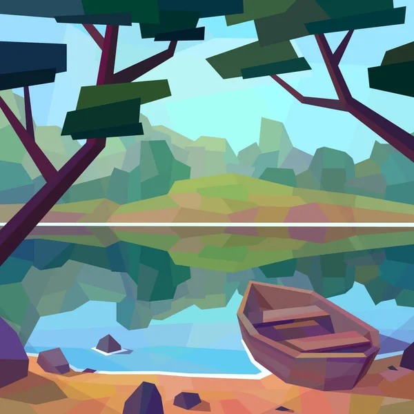 Paisaje Bajo Lago Polivinílico Barco Agua Reflexión Bosque Ilustración Vectorial — Vector de stock