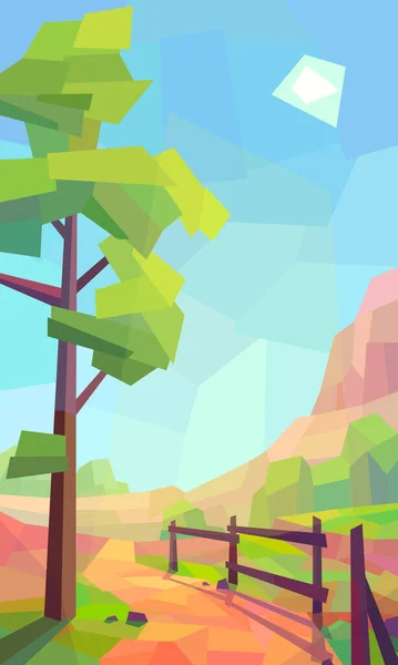 Paisaje Desértico Poli Bajo Árbol Sendero Sol Montaña Cerca Ilustración — Vector de stock