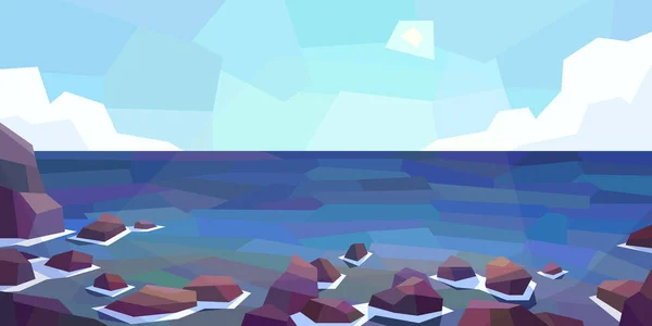 Low Poly Meerblick Felsige Küste Sonne Quellwolken Schaum Vektorillustration — Stockvektor