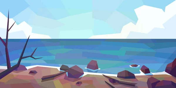 Низкий Вид Океан Кучевые Облака Камни Грязный Пляж Дрейфующие Леса — стоковый вектор