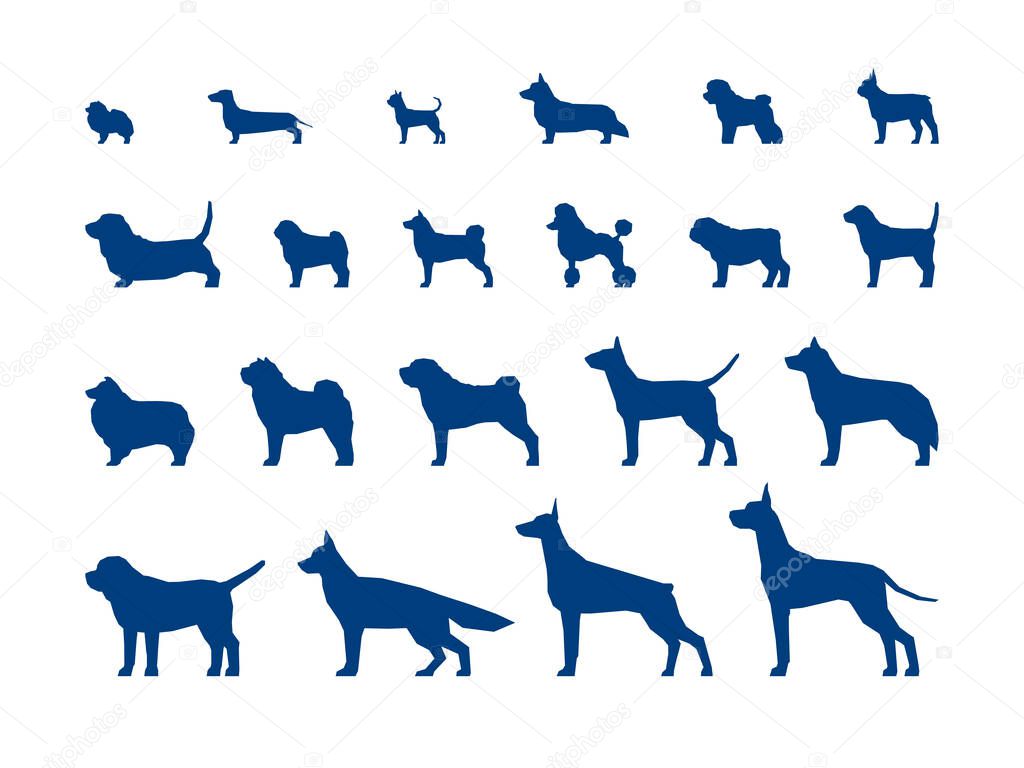 Set of low poly blue silhouettes of dogs isolated on white background. Vector Illustration