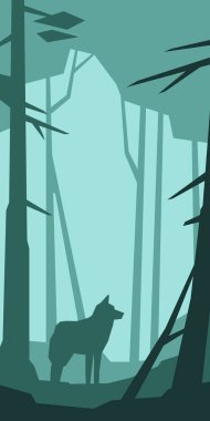 Kurt ile düşük poliüreli siluet manzarası. Ormanda. Vektör illüstrasyonu