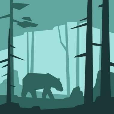 Düşük poligonlu, siluetli ayı manzarası. Ormanda. Vektör illüstrasyonu