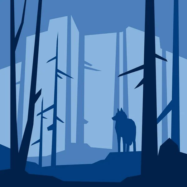 Low Poly Silhouette Landschaft Mit Wolf Wald Vektorillustration — Stockvektor