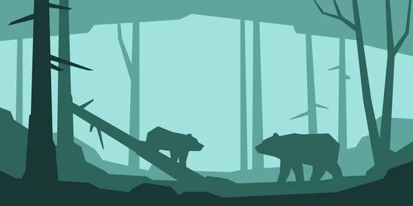 Χαμηλή Poly Τοπίο Σιλουέτα Αρκούδα Και Μικρό Στο Δάσος Εικονογράφηση Διανυσματικά Γραφικά