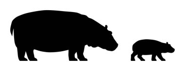 Beyaz arka planda izole edilmiş siyah suaygırı ve buzağı siluetleri. Vektör illüstrasyonu