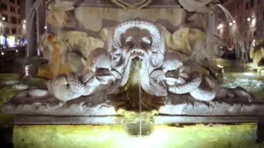 Roma şehir merkezindeki mermer şelalenin yakın çekimi, İtalyan fıskiyelerini süsleyen ortaçağ hayvan heykelleri. Gece aydınlık anıtlar, Roma gezileri ve...