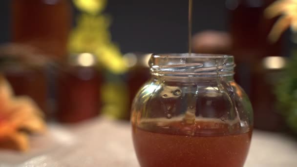 Διάφανο βάζο σε φλοράλ φόντο, ρίχνει φυσικό μέλι μέλισσας. Βάζο μελιού σε φλοράλ φόντο, αγνό νέκταρ μέλισσας που δημιουργεί φυσαλίδες, υγιεινή φυσική παραγωγή μελιού — Αρχείο Βίντεο