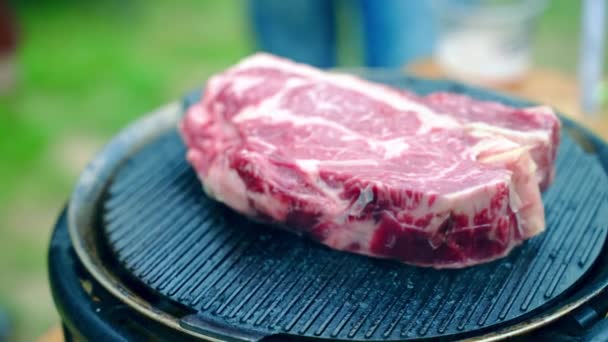 Delicioso bife de vaca de luxo assado na grelha redonda em câmera lenta, bife de carne vermelha fumando ao ar livre em piquenique bbq. Lombo macio de carne suculenta sangrenta preparação de bife, fatia de carne saborosa queimando — Vídeo de Stock