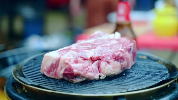 Lombo de carne crua assando na grelha de churrasco com carvão em chamas e fumaça crescente. Sizzling suculento bife em câmera lenta, grelhando variedade de carne na festa de churrasco. Cookout e — Vídeo de Stock