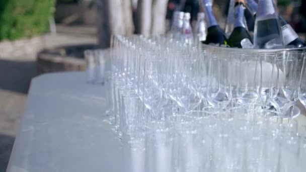 Fila de copas de vino de cristal y champán de pie en la mesa de banquetes cerca del cubo de plata con botellas de alcohol, copas preparadas para verter bebidas para los invitados en la fiesta de celebración. Vino y — Vídeo de stock