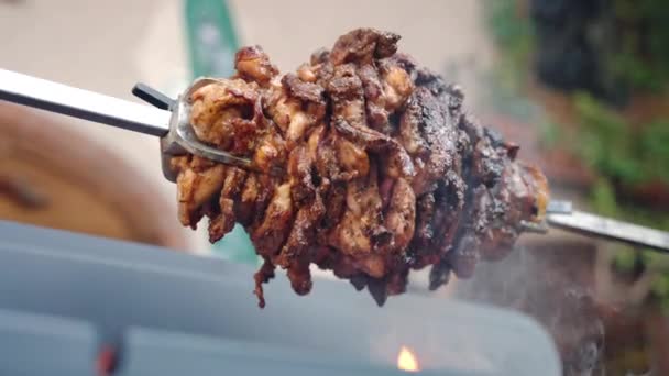 Vista en ángulo bajo del jugoso lomo giratorio de carne sazonado con pimienta, sal y hierbas asadas al fuego ardiente en el ahumador de barbacoa. Delicioso olor a parrilla que surge de asar cerdo, preparación de — Vídeos de Stock