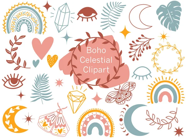 Boho Celestial Clipart. Vektör Doodle çizimi.