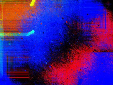 Kırmızı, mavi ve sarı renklerin soyut arkaplanı, muhteşem bir ritim ve eklerle. Modern tarzda gerçeküstü bir görüntü. Duvar kağıtlarınız, sanat projeleriniz ve sanat eserleriniz için.