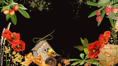 Siyah arka planı olan bir kartpostal, ön planda bir kuş ve kuş evi, çiçekler, kirazlar ve resimlerin diğer güzel özellikleriyle çevrili..
