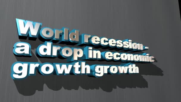 世界经济衰退 经济增长下降 的视频内容浩繁 醒目的蓝白标题 3D插图 灰色背景 黑暗阴影 — 图库视频影像
