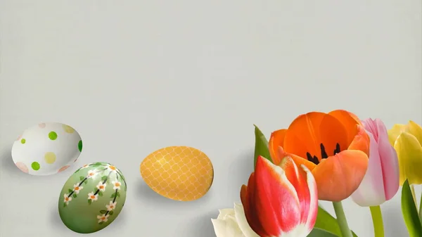 Schön Bemalte Eier Und Festliche Tulpen Isoliert Auf Weiß Gelbe — Stockfoto